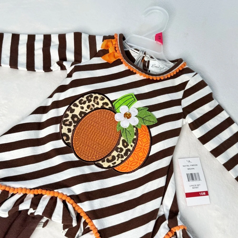 Emily‎ Rose Infant Pumpkin Outfit Set Brown Stripe Ruffle 18M Fall Halloween